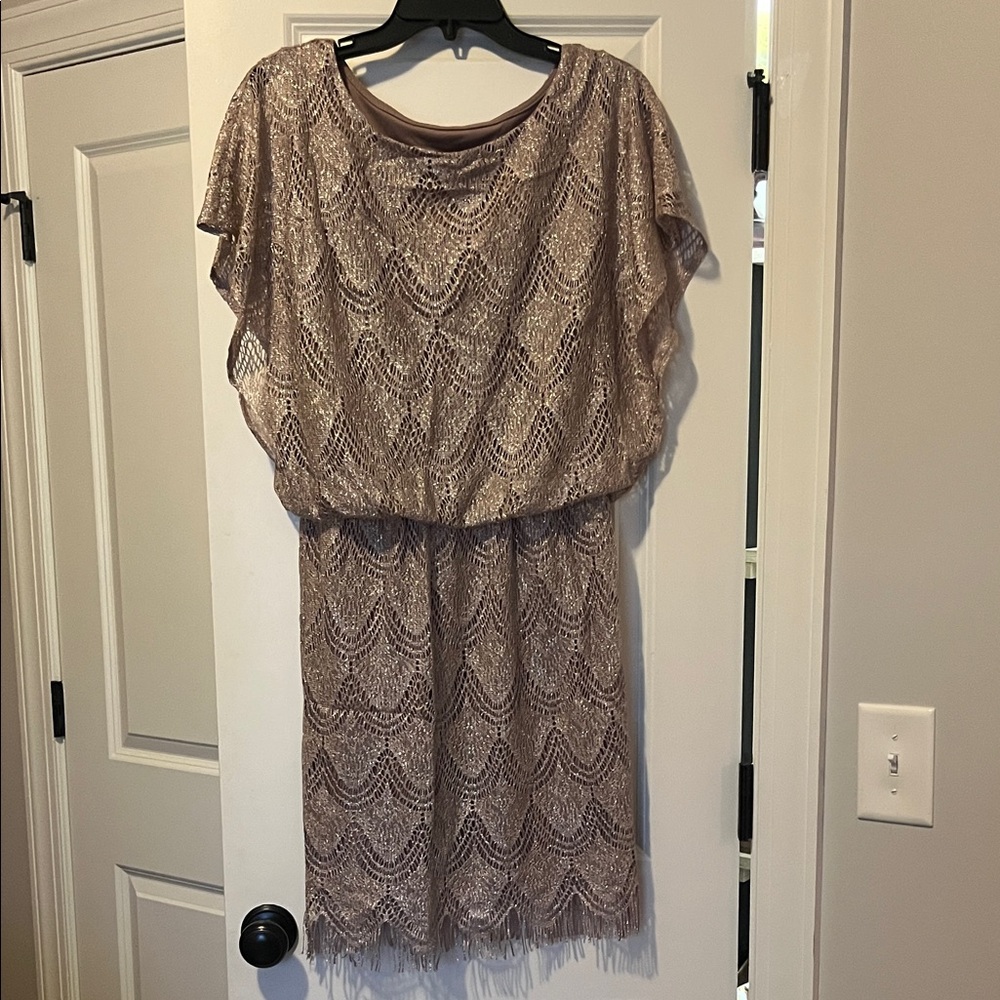 Elegant Lace Overlay Dress in Champagne with Fringe Bottom